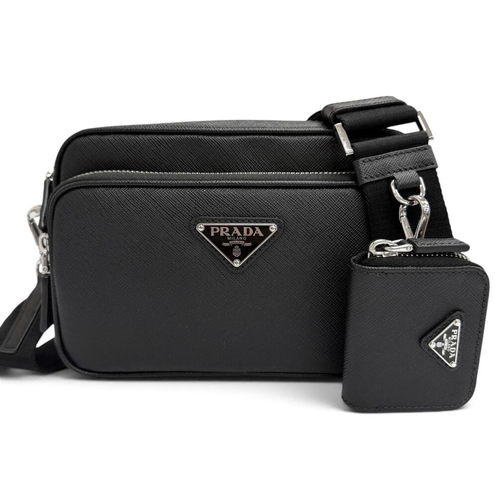 PRADA 2VH170 Saffiano Leather Triangle Logo Shoulder Bag with Mini Pouch, Bla...